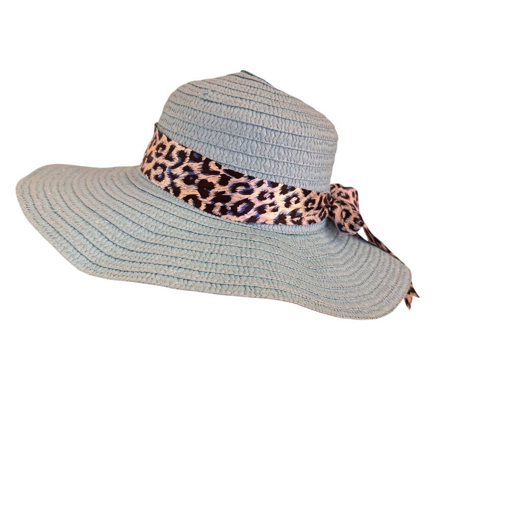 Womens Unbranded Light Blue Animal Print Tie Ribbon Synthetic Wide Straw Hat - Picture 5 of 8